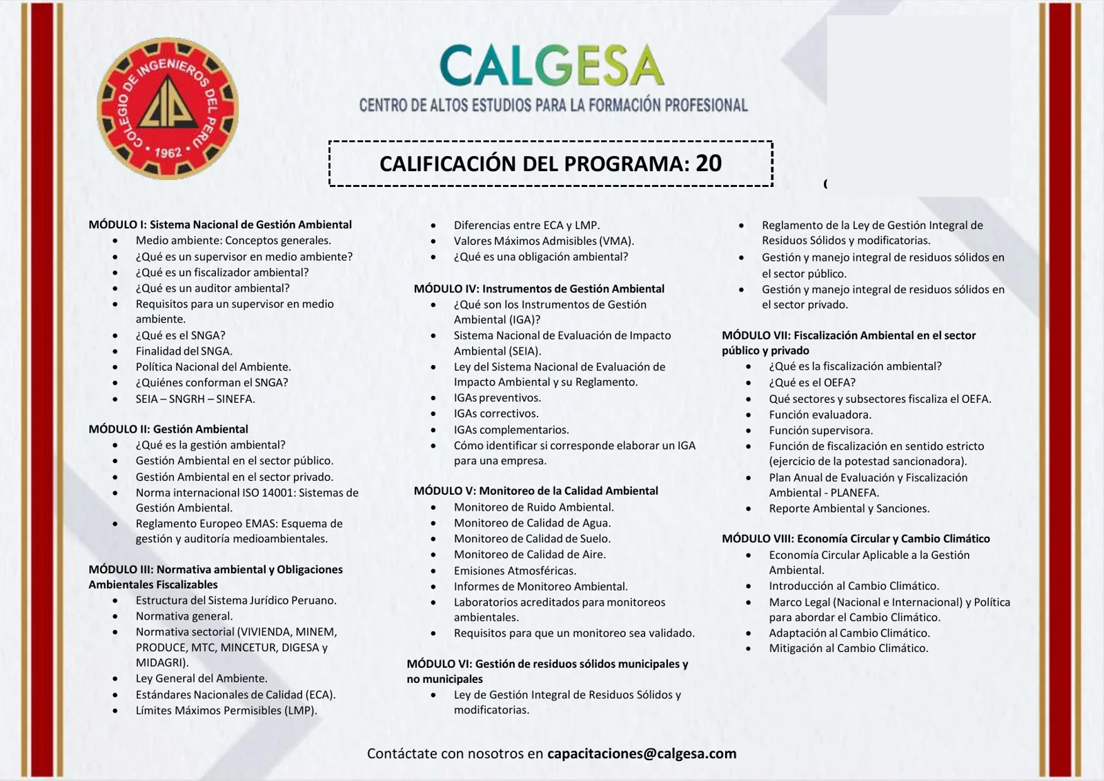 Reverso del certificado Certificado Calgesa + CIP