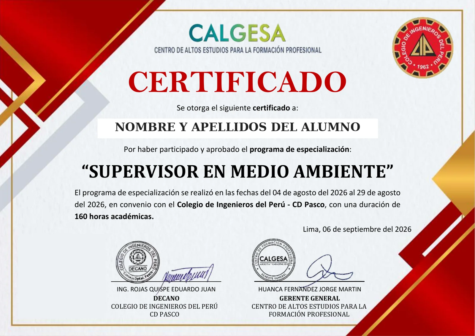 Anverso del certificado Certificado Calgesa + CIP