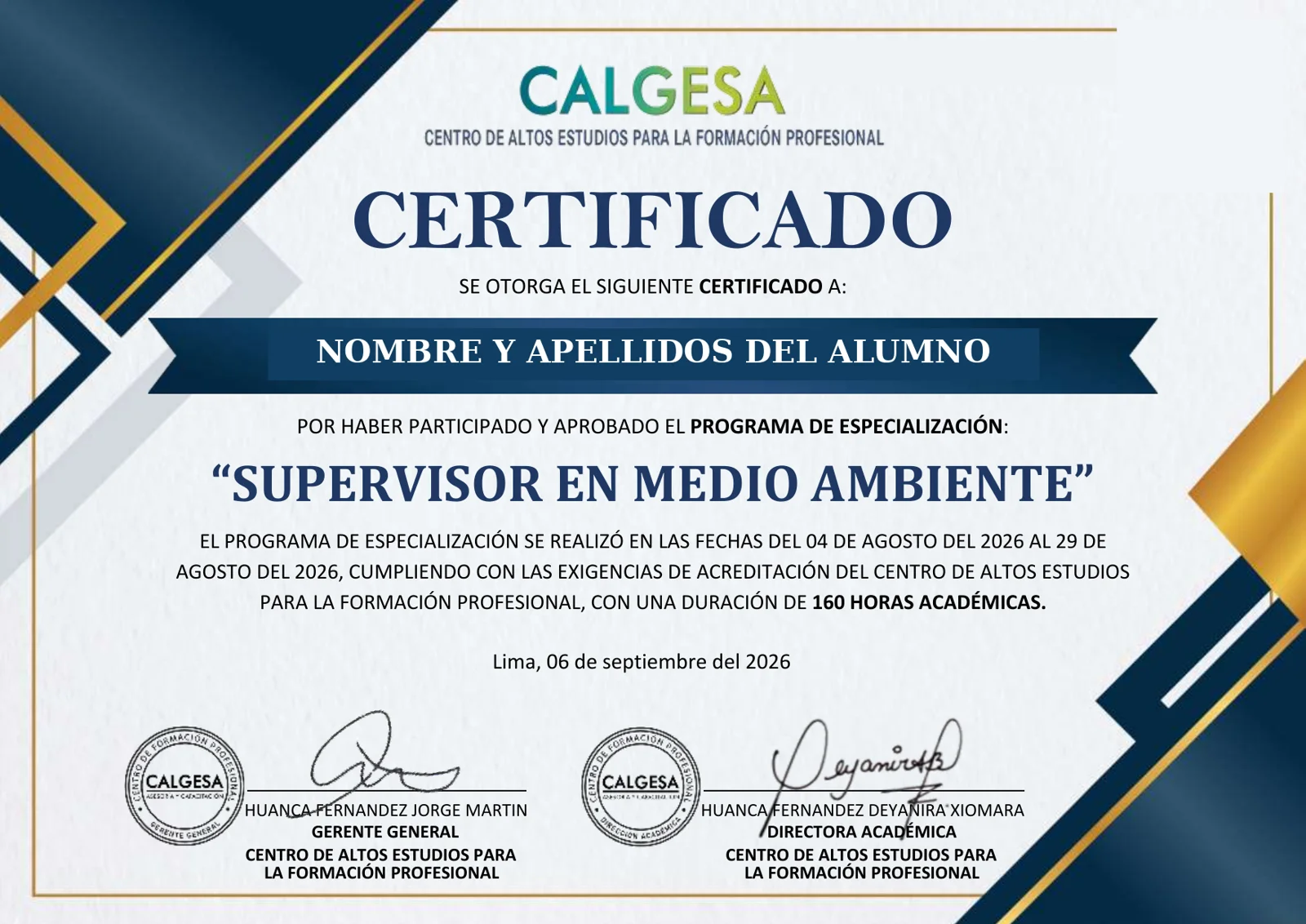 Anverso del certificado Certificado Calgesa